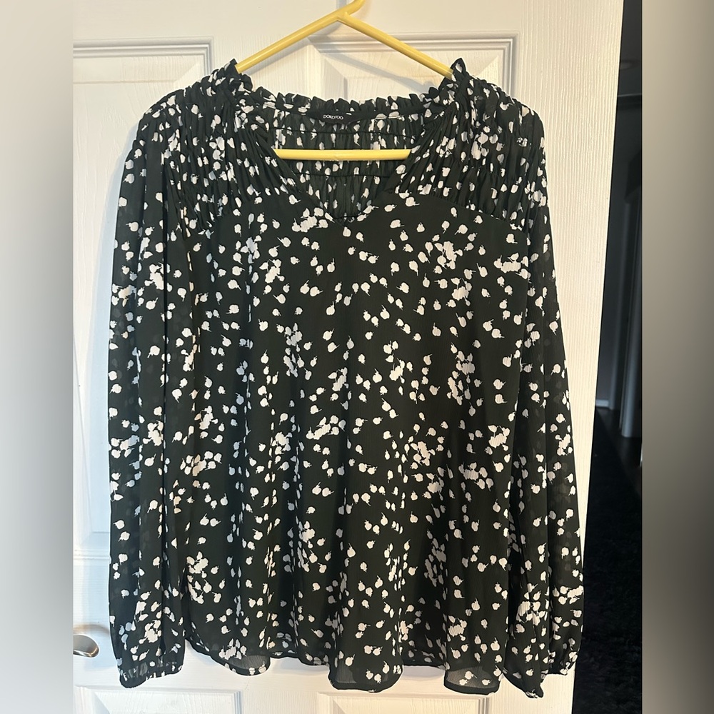 Dark Green & White Dotted Long Sleeve Blouse- L